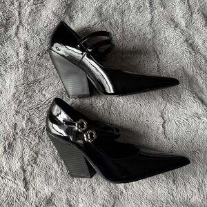 Daisy Street Black Patent Mary Jane Pointed Toe Wedge Pumps Flower Buckle 7